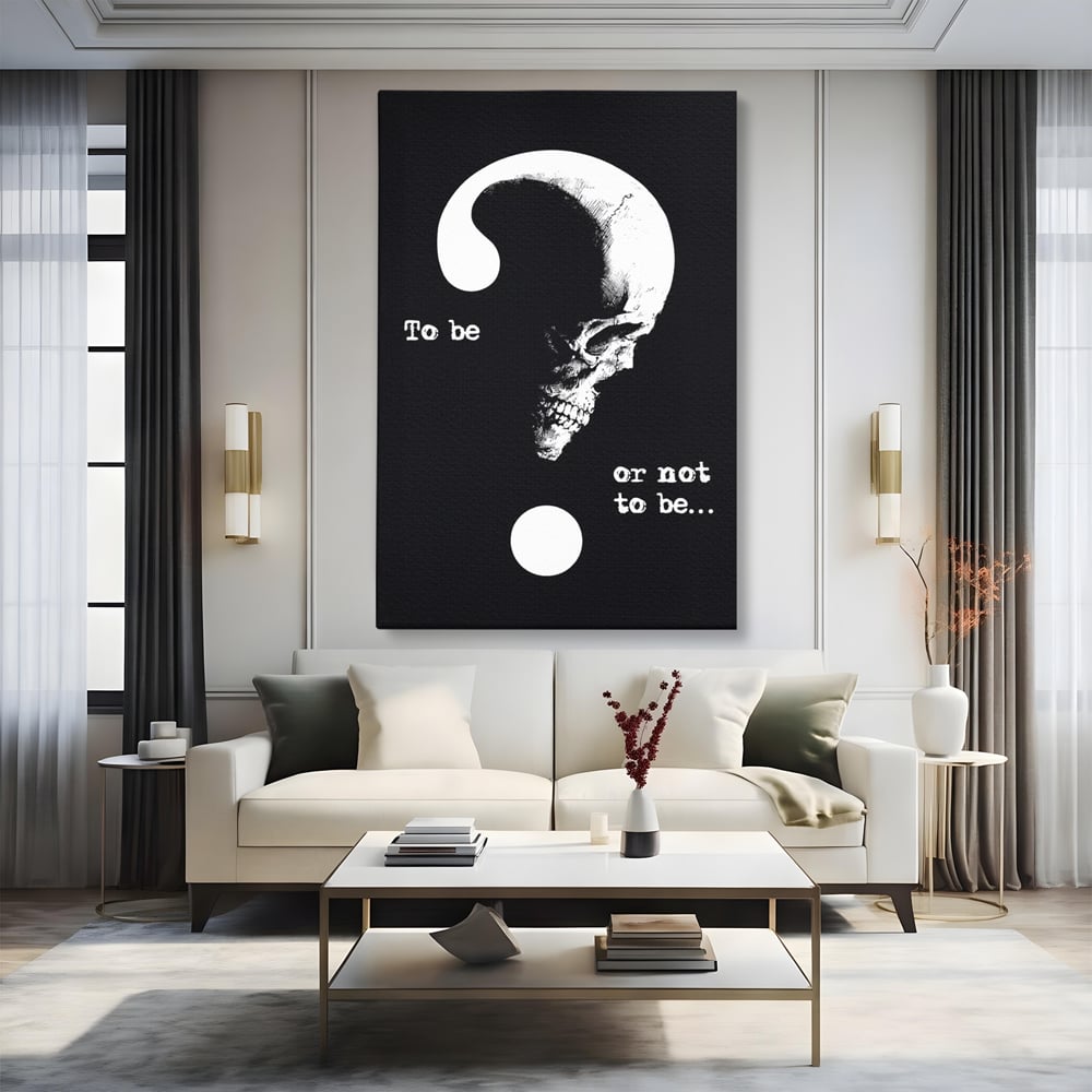 Tablou canvas cu tablou canvas cu craniu si semnul intrebarii, fara rama, pe sasiu de lemn, pe perete intr-un living